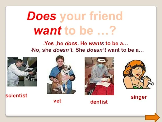 Does your friend want to be …? -Yes ,he does. He