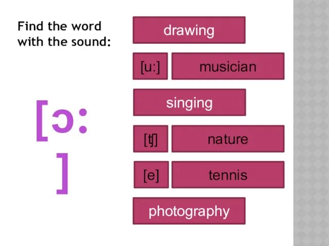 [ɔ:] drawing musician nature singing tennis photography [u:] [ʧ] [e] Find the word with the sound: