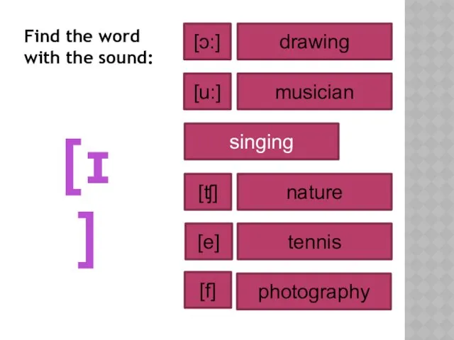 [ɪ] drawing musician nature singing tennis photography [u:] [ʧ] [e] [ɔ:]