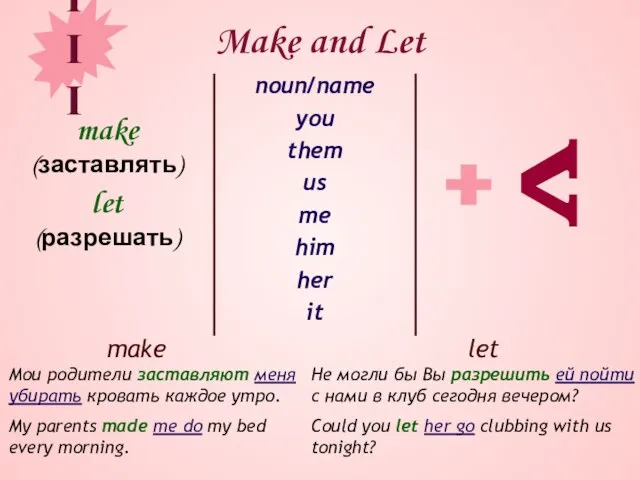 Make and Let make (заставлять) let (разрешать) noun/name you them us