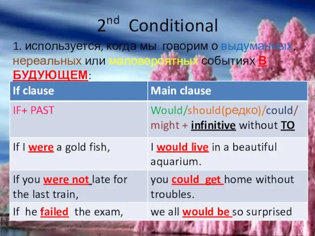 2nd Conditional 1. используется, когда мы говорим о выдуманных, нереальных или маловероятных событиях В БУДУЮЩЕМ: