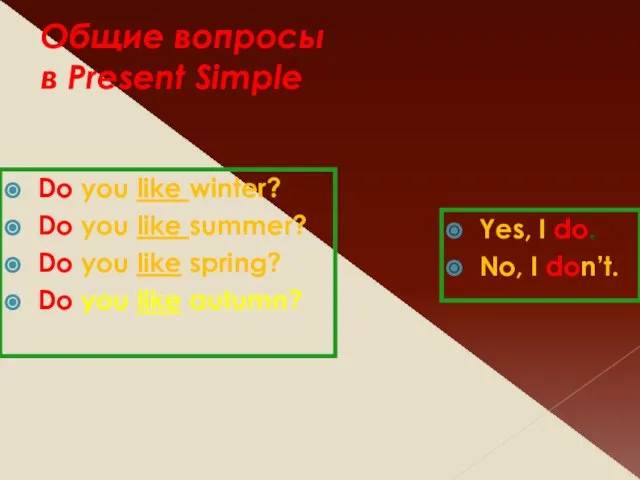 Общие вопросы в Present Simple Do you like winter? Do you