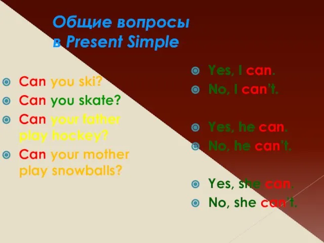 Общие вопросы в Present Simple Can you ski? Can you skate?