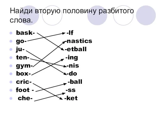 Найди вторую половину разбитого слова. bask- -lf go- -nastics ju- -etball