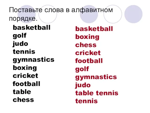 Поставьте слова в алфавитном порядке. basketball golf judo tennis gymnastics boxing