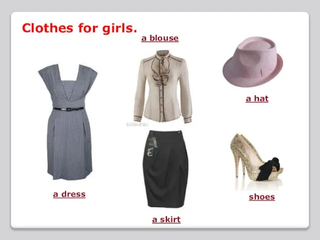 Clothes for girls. a dress a blouse a skirt a hat shoes