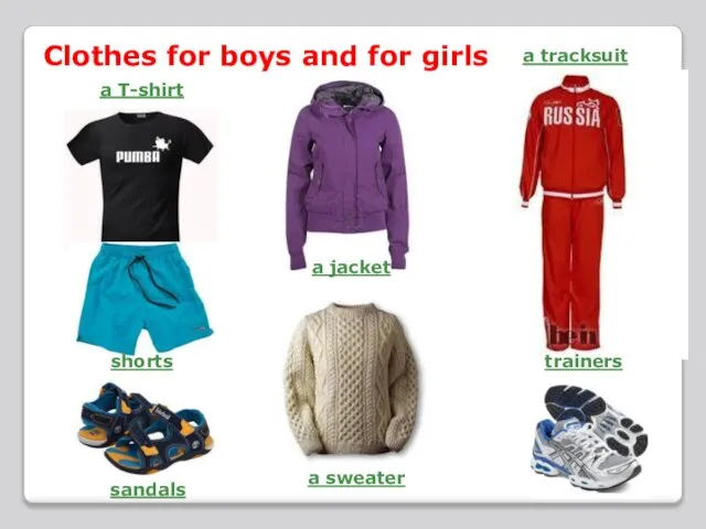 Clothes for boys and for girls a T-shirt shorts a jacket