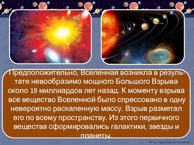 Предположительно, Вселенная возникла в резуль- тате невообразимо мощного Большого Взрыва около