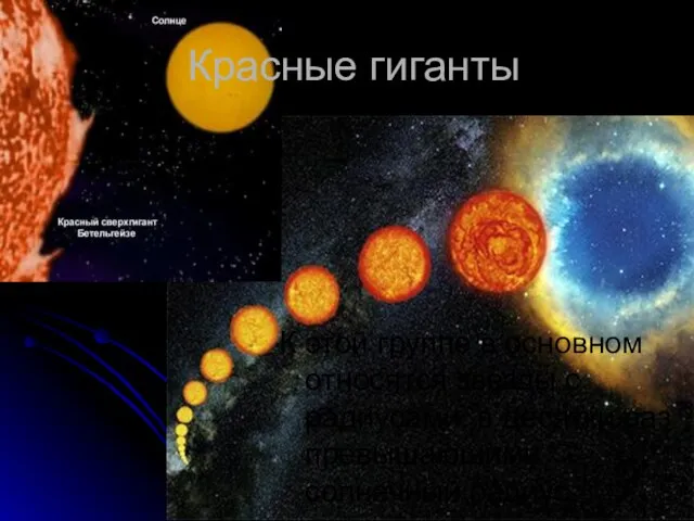 Красные гиганты К этой группе в основном относятся звезды с радиусами,