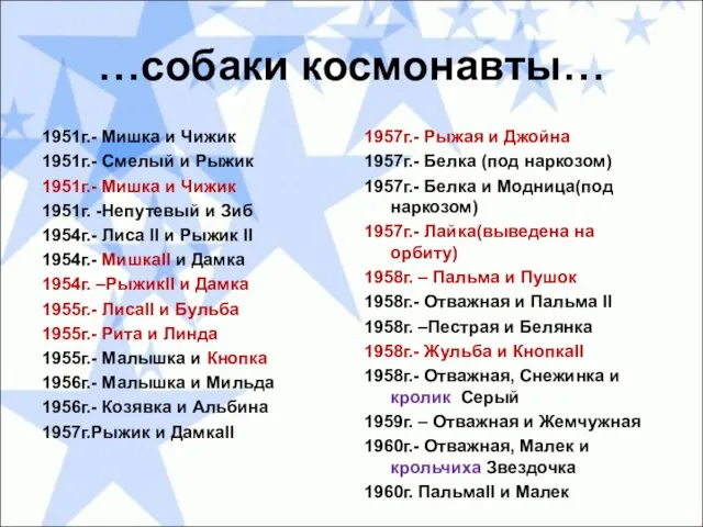 …собаки космонавты… 1951г.- Мишка и Чижик 1951г.- Смелый и Рыжик 1951г.-