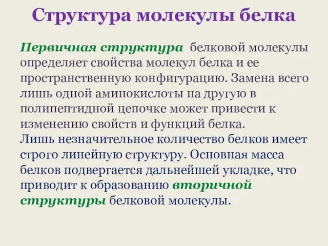 Структура молекулы белка Первичная структура белковой молекулы определяет свойства молекул белка