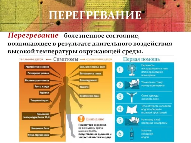 ПЕРЕГРЕВАНИЕ Перегревание - болезненное состояние, возникающее в результате длительного воздействия высокой температуры окружающей среды.