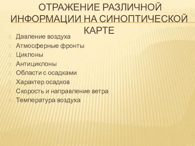 отражение различной информации на синоптической карте Давление воздуха Атмосферные фронты Циклоны