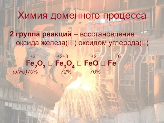 2 группа реакций – восстановление оксида железа(III) оксидом углерода(II) +3 +2+3