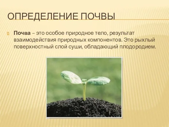 Определение почвы Почва – это особое природное тело, результат взаимодействия природных
