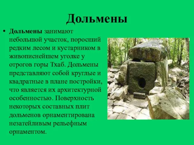 Дольмены Дольмены занимают небольшой участок, поросший редким лесом и кустарником в