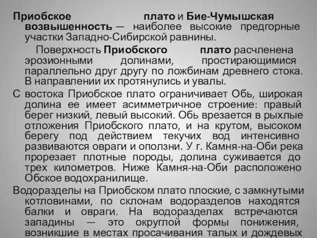 Приобское плато и Бие-Чумышская возвышенность — наиболее высокие предгорные участки Западно-Сибирской