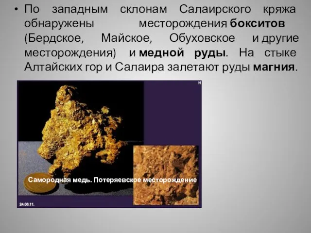 По западным склонам Салаирского кряжа обнаружены месторождения бокситов (Бердское, Майское, Обуховское