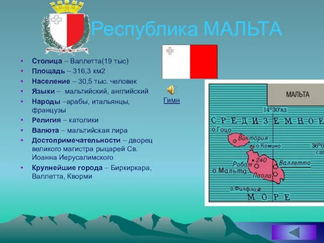 Республика МАЛЬТА Столица – Валлетта(19 тыс) Площадь – 316,3 км2 Население