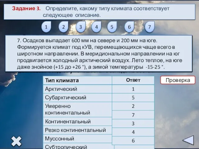 Задание 3. Определите, какому типу климата соответствует следующее описание. 1 2