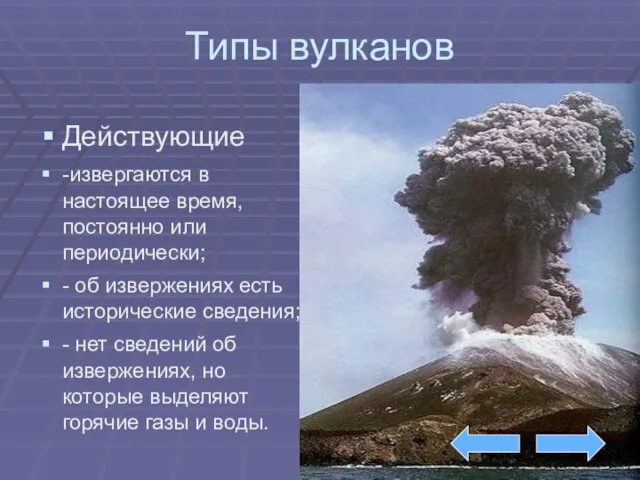 Типы вулканов Действующие -извергаются в настоящее время, постоянно или периодически; -