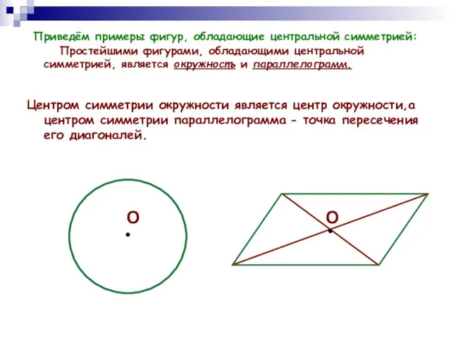 Приведём примеры фигур, обладающие центральной симметрией: Простейшими фигурами, обладающими центральной симметрией,