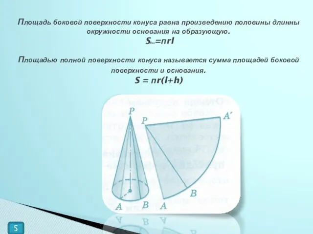 Площадь боковой поверхности конуса равна произведению половины длинны окружности основания на