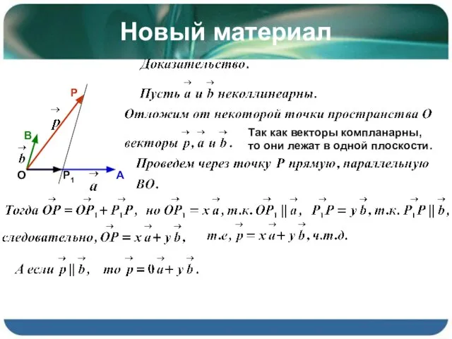 Новый материал О А В Р Р1 Так как векторы компланарны,