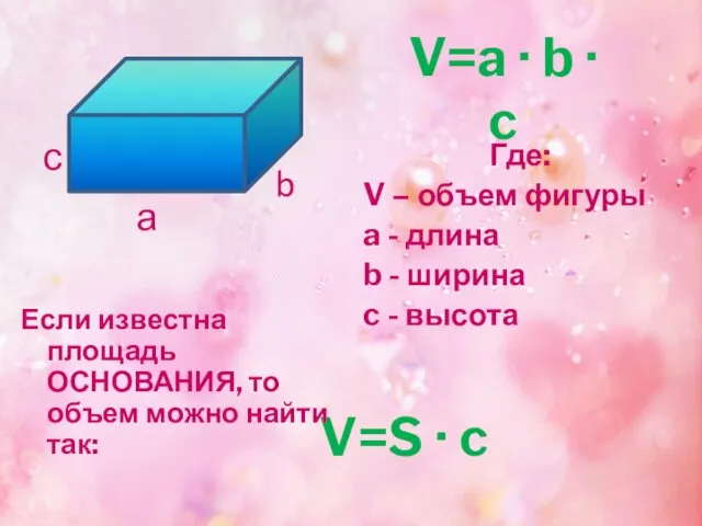 Где: V – объем фигуры a - длина b - ширина