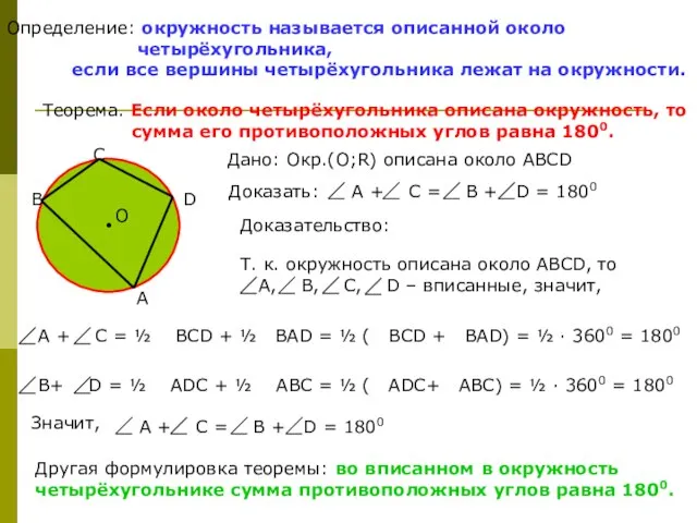 Определение: окружность называется описанной около четырёхугольника, если все вершины четырёхугольника лежат