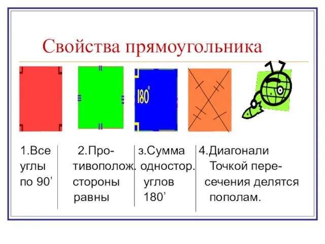 Свойства прямоугольника 1.Все 2.Про- з.Сумма 4.Диагонали углы тивополож. одностор. Точкой пере-