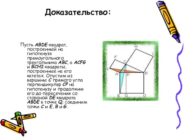 Доказательство: Пусть ABDE-квадрат, построенный на гипотенузе прямоугольного треугольника ABC, а ACFG