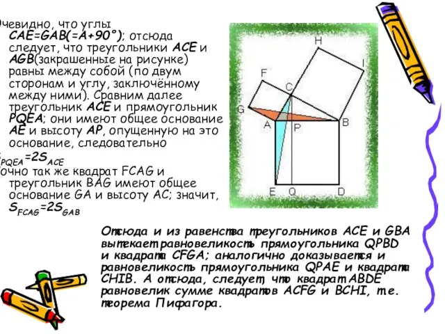 Очевидно, что углы CAE=GAB(=A+90°); отсюда следует, что треугольники ACE и AGB(закрашенные