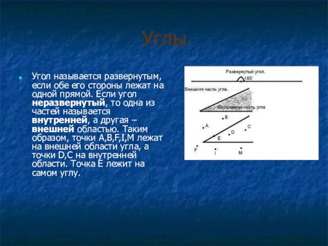 Углы Угол называется развернутым, если обе его стороны лежат на одной