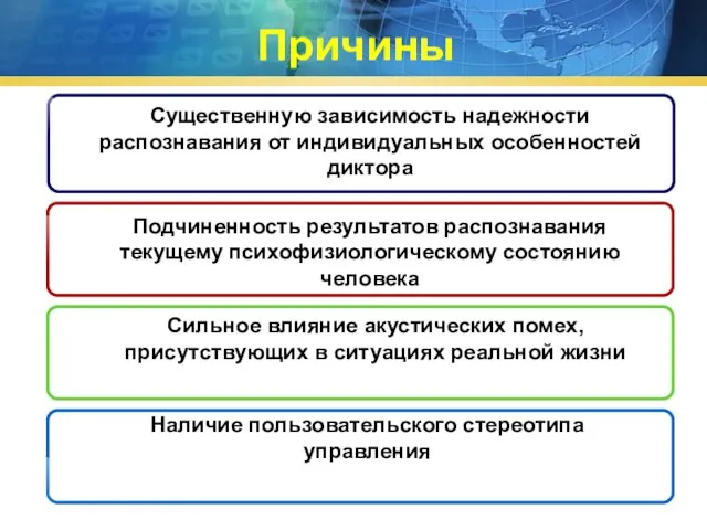 Причины Существенную зависимость надежности распознавания от индивидуальных особенностей диктора Подчиненность результатов