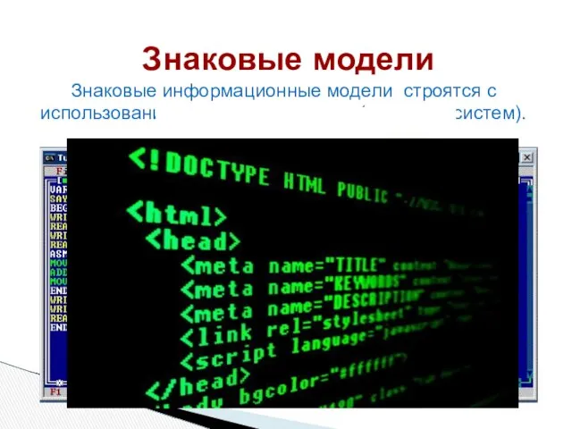 Знаковые модели Знаковые информационные модели строятся с использованием различных языков (знаковых систем).