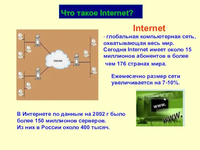 Internet - глобальная компьютерная сеть, охватывающая весь мир. В Интернете по