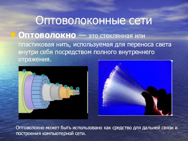 Оптоволоконные сети Оптоволокно — это стеклянная или пластиковая нить, используемая для