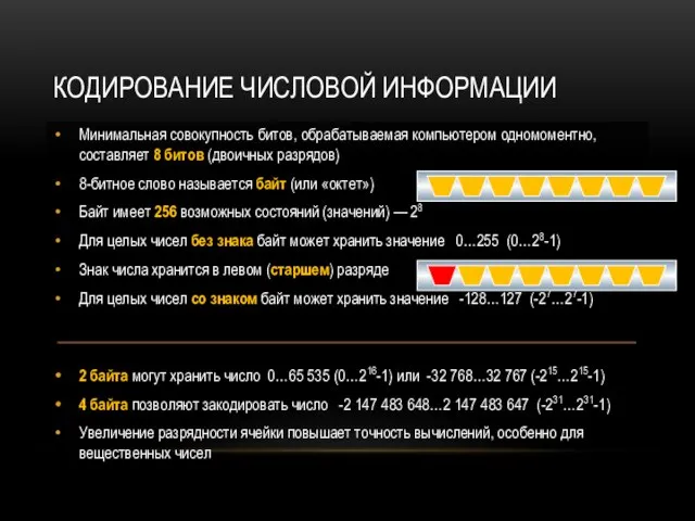 КОДИРОВАНИЕ ЧИСЛОВОЙ ИНФОРМАЦИИ Минимальная совокупность битов, обрабатываемая компьютером одномоментно, составляет 8