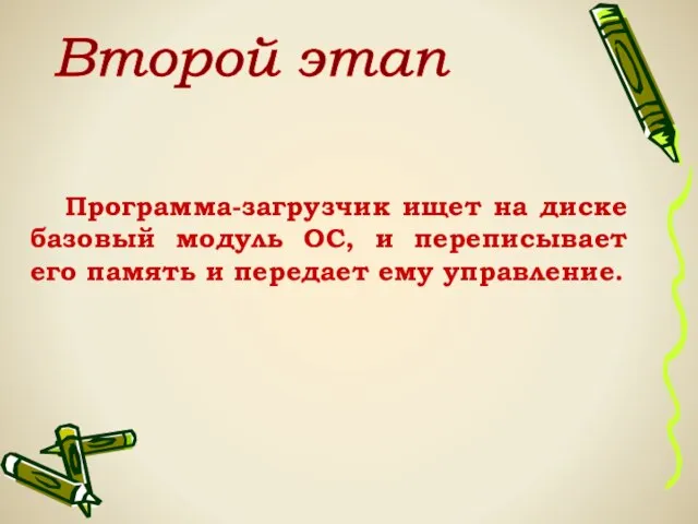 Программа-загрузчик ищет на диске базовый модуль ОС, и переписывает его память