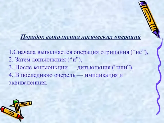 Порядок выполнения логических операций 1.Сначала выполняется операция отрицания (“не”), 2. Затем