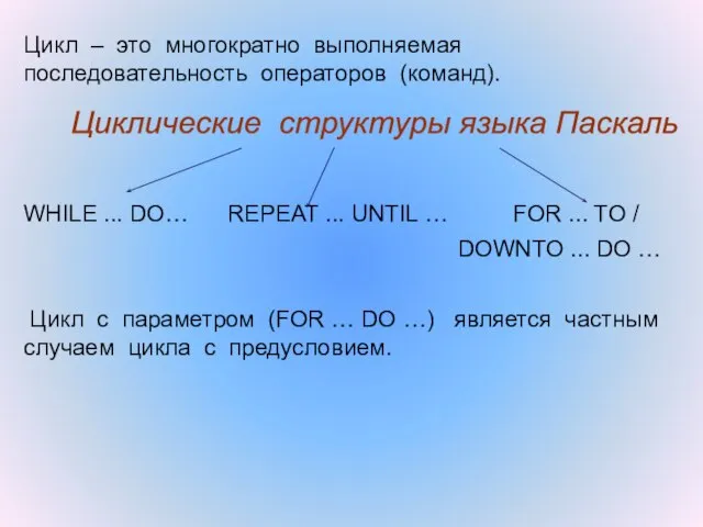 Цикл – это многократно выполняемая последовательность операторов (команд). WHILE ... DO…