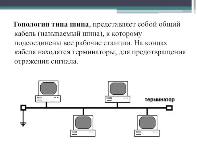 Топология типа шина, представляет собой общий кабель (называемый шина), к которому