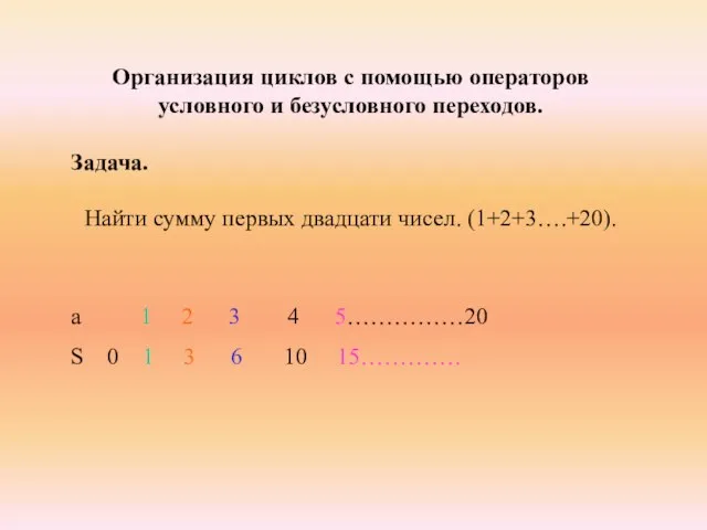 Организация циклов с помощью операторов условного и безусловного переходов. Задача. Найти