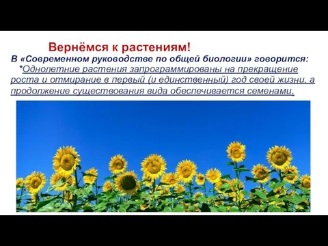 Вернёмся к растениям! В «Современном руководстве по общей биологии» говорится: *Однолетние