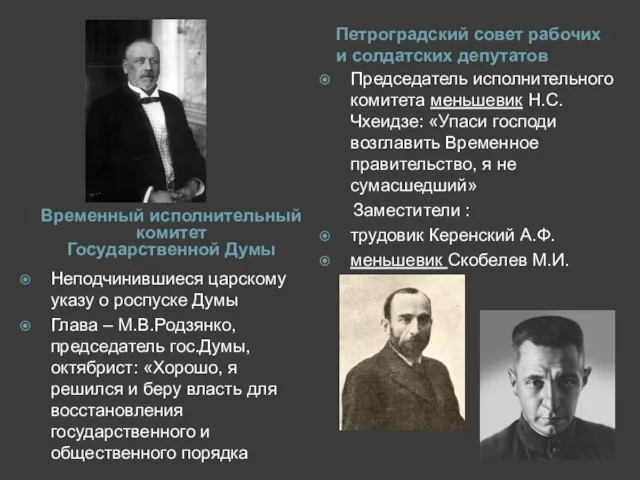 Временный исполнительный комитет Государственной Думы Петроградский совет рабочих и солдатских депутатов