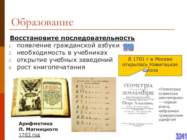 Образование Восстановите последовательность появление гражданской азбуки необходимость в учебниках открытие учебных