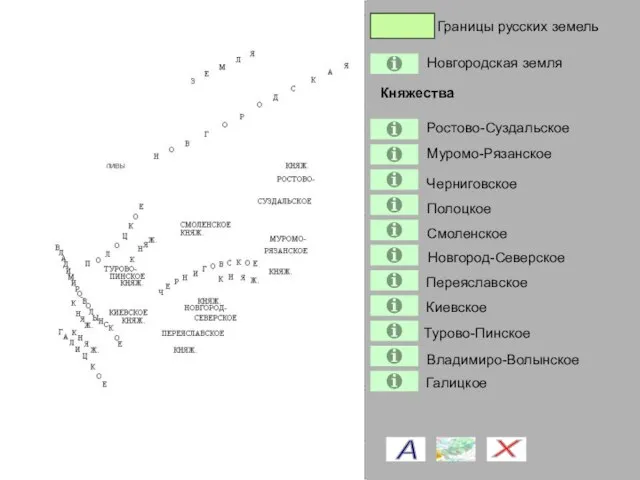 Владимиро-Волынское Границы русских земель Новгородская земля Ростово-Суздальское Муромо-Рязанское Черниговское Полоцкое Смоленское