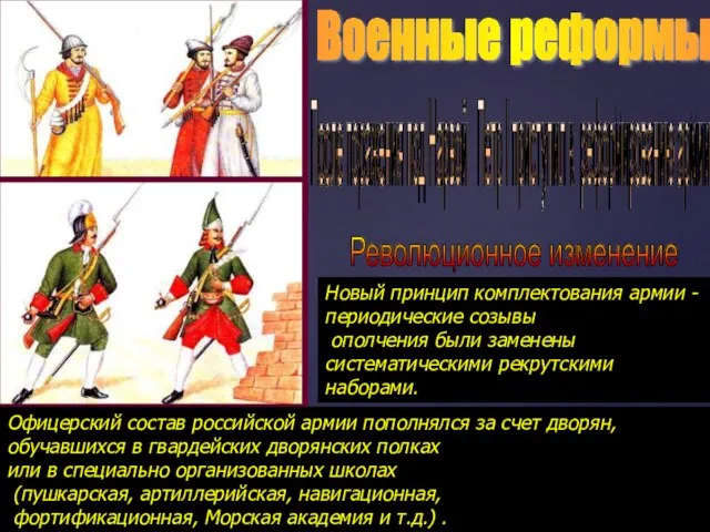 Военные реформы После поражения под Нарвой Петр I приступил к реформированию