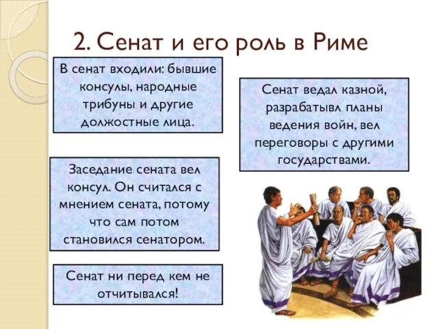 2. Сенат и его роль в Риме В сенат входили: бывшие